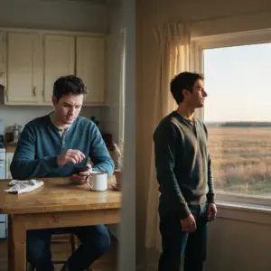 An adult with ADHD sitting tense over a phone in soft light, then a moment later breathing calmly by a window facing a prairie horizon, illustrating an emotional wave passing.