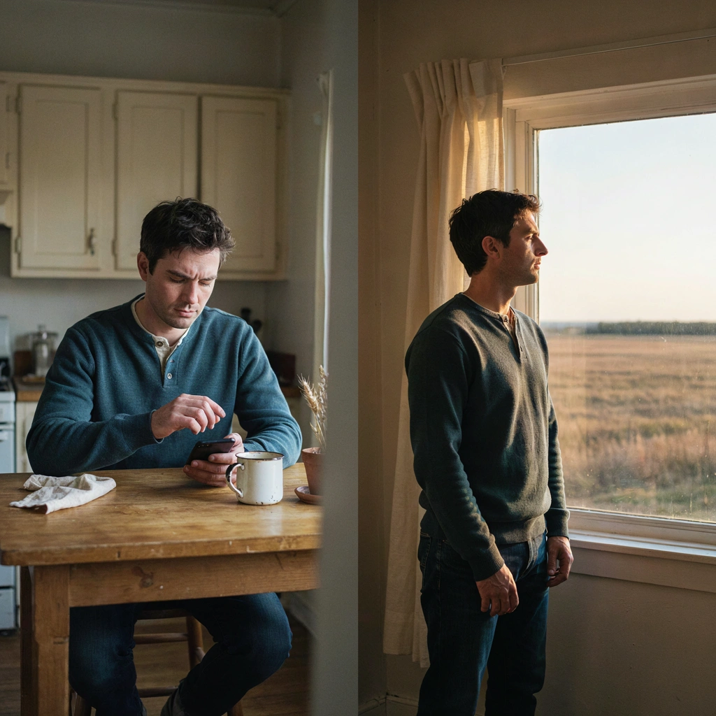 An adult with ADHD sitting tense over a phone in soft light, then a moment later breathing calmly by a window facing a prairie horizon, illustrating an emotional wave passing.