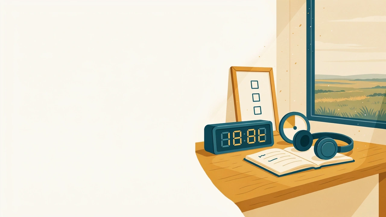 Desk with a visible digital clock, countdown timer, notebook, headphones, and whiteboard checklist — everyday ADHD accommodations