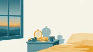 Bedside clock reading 10:30 casting a shadow that reads midnight, beside pyjamas, a notebook and headphones, with a still-light northern sky in the window.