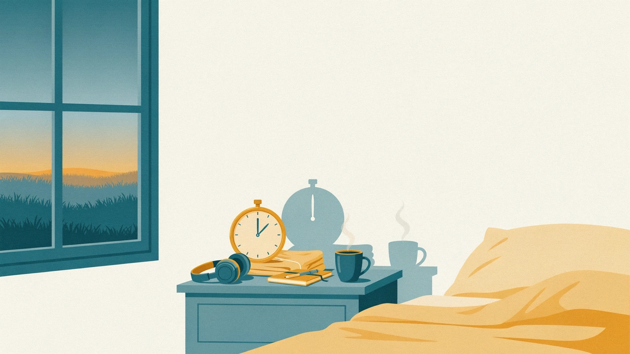 Bedside clock reading 10:30 casting a shadow that reads midnight, beside pyjamas, a notebook and headphones, with a still-light northern sky in the window.
