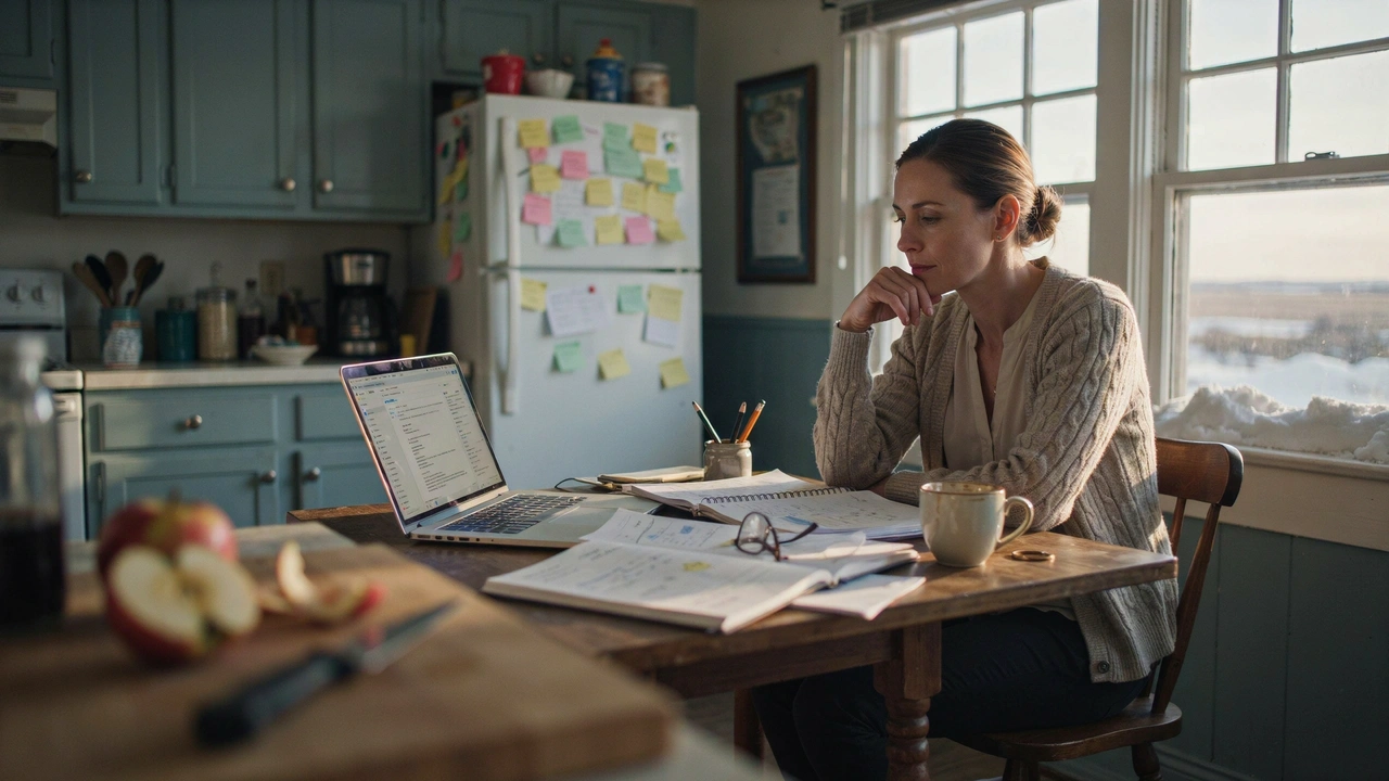 A composed woman at a kitchen table surrounded by open notebooks, sticky notes, and an overflowing inbox, winter prairie light through the window — illustrating how ADHD in women can be hidden behind outward organization