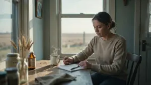 An adult at a kitchen table with a notebook and pharmacy bottle, preparing questions about ADHD medication for a prescriber appointment. STG Health