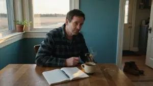 An adult at a kitchen table with a short handwritten task list and work boots by the door, illustrating where an ADHD task stalls before it starts. STG-Health