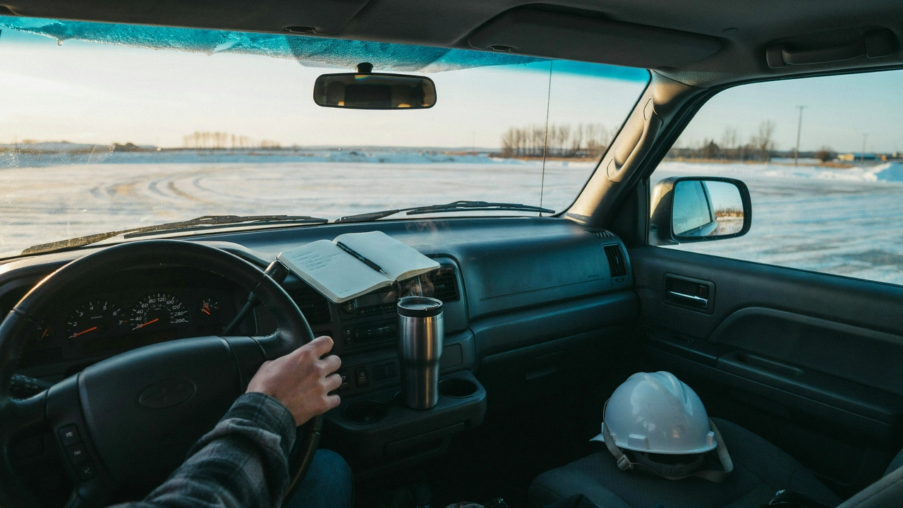 Parked pickup truck at dusk in a snowy Saskatchewan lot, with a short handwritten list on the dashboard — a quiet pause between work and home