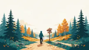 Illustration of a person at a fork in a forest trail, looking at a blank signpost with three paths ahead