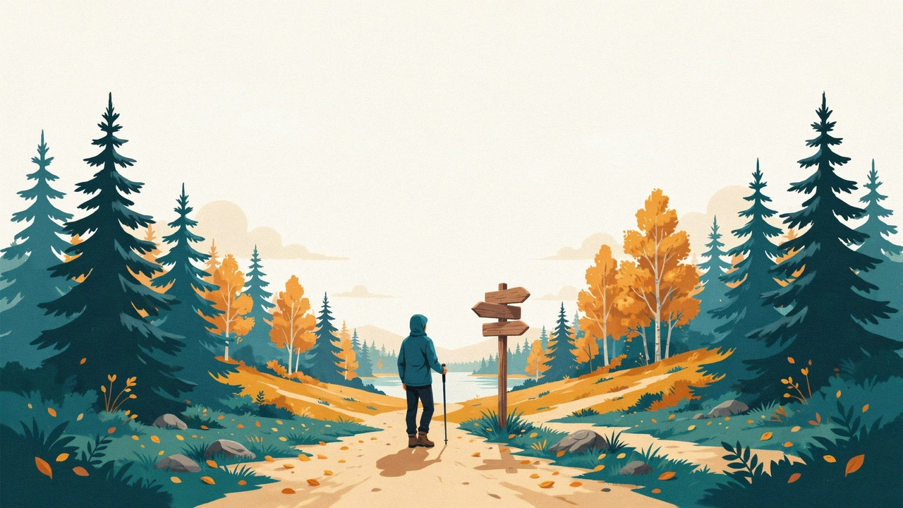 Illustration of a person at a fork in a forest trail, looking at a blank signpost with three paths ahead