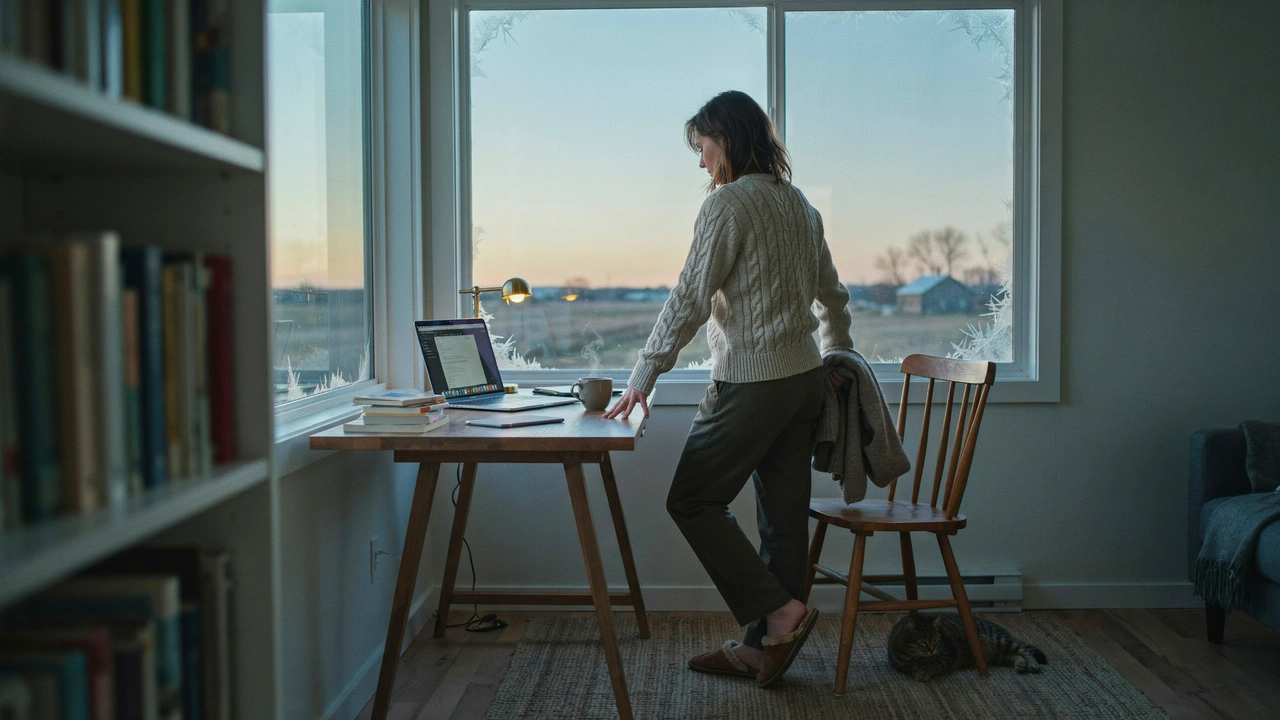 A person standing up from their desk beside an open laptop in a warm room at winter dusk, illustrating the transition from rest to action in ADHD task initiation.