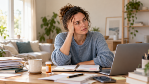 Adult at a desk with a planner, laptop and medication bottle while managing daily ADHD demands.