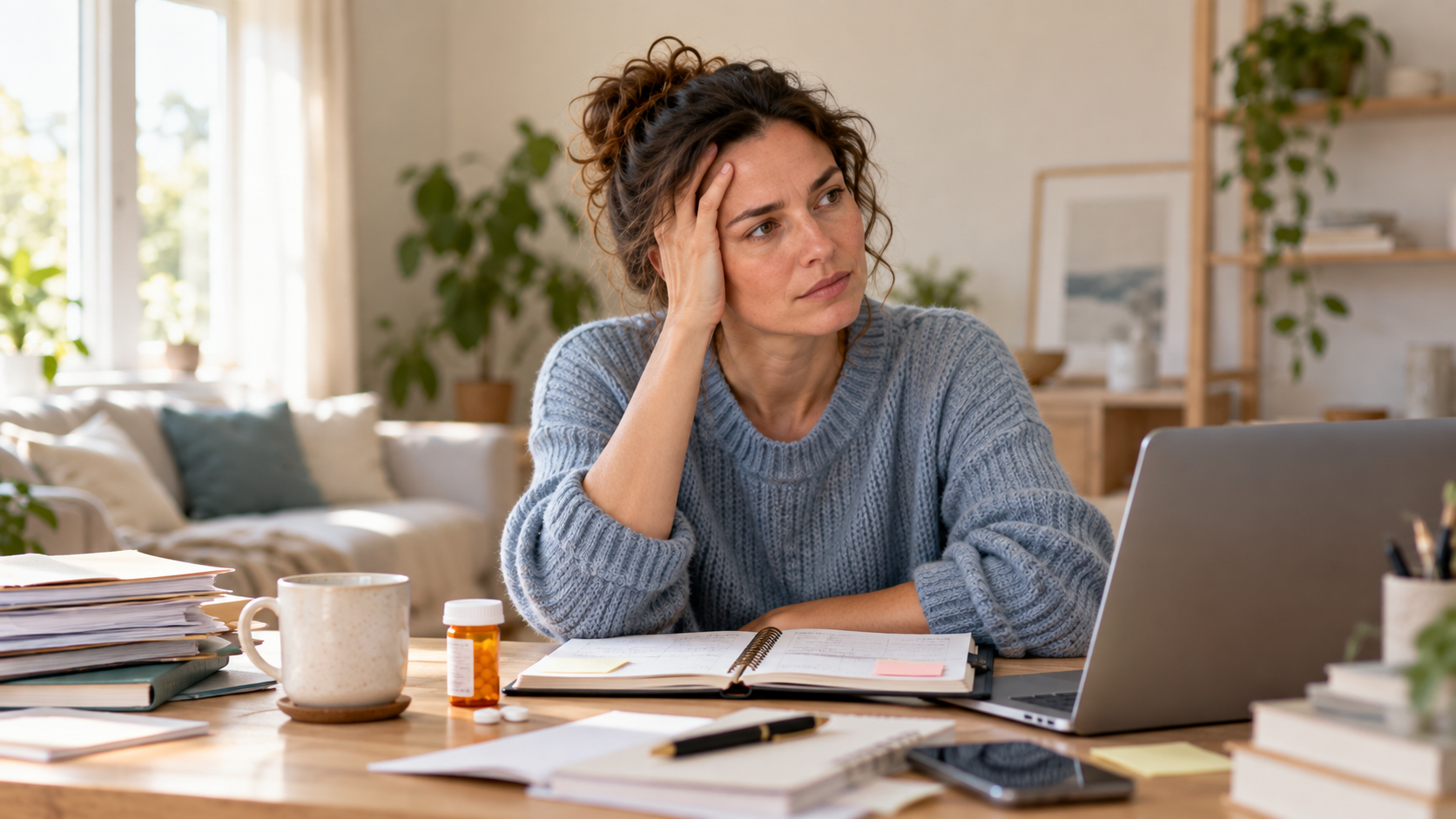 Adult at a desk with a planner, laptop and medication bottle while managing daily ADHD demands.
