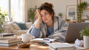 Tired adult at a home workspace wrapped in a blanket, representing overwhelm, fatigue and burnout.