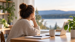 Adult at a home desk with planning materials, representing the challenge of maintaining organizational systems with ADHD.