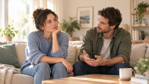 Couple having a thoughtful conversation at home about communication and shared responsibilities.