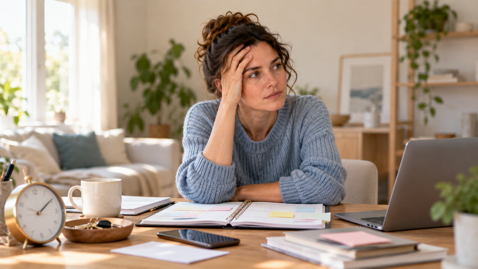 Adult at a desk with a clock, planner and laptop while managing appointments and changes in routine.