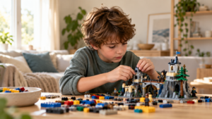 Child deeply focused on building with LEGO at a table in a quiet home environment.