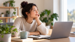 Adult sitting thoughtfully at a home workspace, considering whether ADHD assessment is worthwhile despite functioning well.