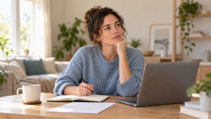 Adult sitting thoughtfully at a home desk with a laptop and notebook while considering an ADHD assessment.