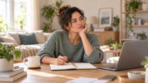 Adult sitting thoughtfully at a home desk while considering personal priorities and responsibilities.