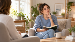 Adult in a calm therapy setting reflecting with a notebook during a counselling conversation.