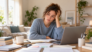 Adult looking overwhelmed at a home workspace with papers, a laptop and planning materials.