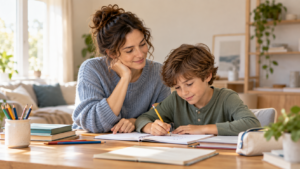 Parent supporting a child with schoolwork at a home table in a calm learning environment.