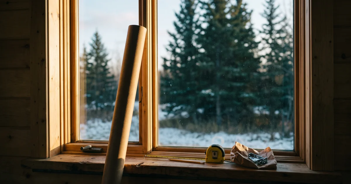 Unopened curtain rod leaning against a bare window with a tape measure on the sill, illustrating the ADHD planning trap between imagining and starting